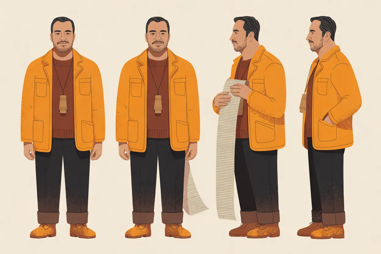 The Volcano Listener character sheet on a warm cream background: four full-body views of a man with graying, swept-back dark hair, a mustache and a short beard, in a lava-orange jacket over a rust-brown sweater, a small tan pendant on a cord, dark trousers with rolled cuffs and orange-brown boots. Two front views stand with arms at his sides, the second with a loose strip of paper hanging beside one hand; a view turned to the left holds a long strip of paper in both hands at chest height, and a side view facing left has one hand in his jacket pocket. He wears the same calm, slight closed-mouth smile in every view.