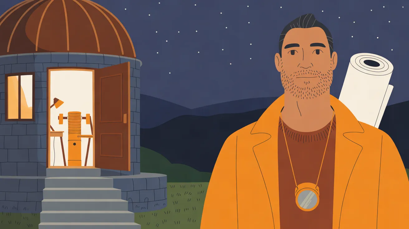The Volcano Listener, a broad man in his mid-forties with warm golden-beige skin, dark hair going gray and swept back and a short gray-flecked beard, shown from the chest up at the right in a lava-orange jacket over a rust-brown sweater, with a round brass hand lens hanging on an orange cord and a big roll of cream paper behind his shoulder. To the left stands a small round stone observatory with a copper dome, a lighted window and an open door, through which an orange seismograph drum and a desk lamp glow; stone steps lead down to the grass, with dark hills and a starry night sky behind.