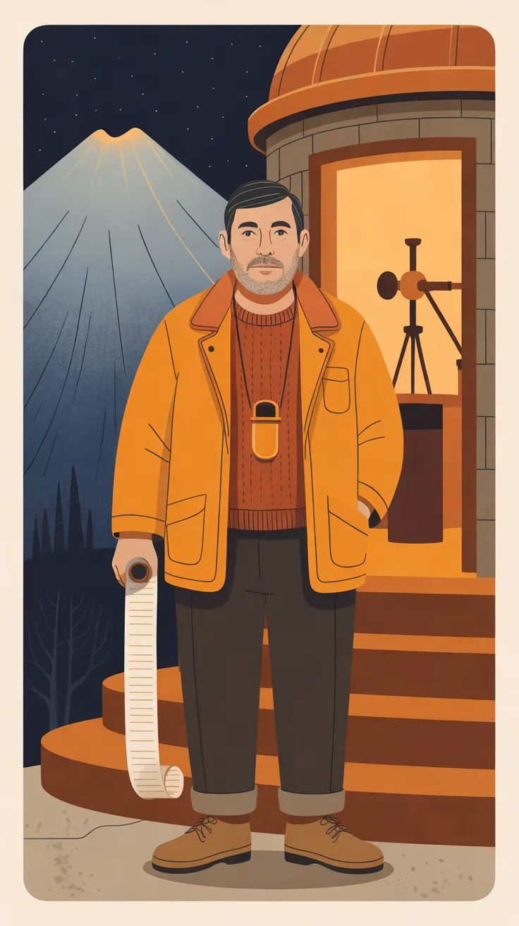 The Volcano Listener standing in front of curved orange steps and the stone observatory, one hand in his jacket pocket and the other holding a roll of paper whose long strip unrolls almost to the ground. He has graying dark hair and a short gray beard and wears a lava-orange jacket with a rust collar over a rust-brown sweater, a brass pendant on a cord, dark trousers and tan boots; behind him the lighted doorway shows a brass instrument on a tripod, and to the left a blue-gray volcano with an orange glow along its crater rises into a starry night sky, all inside a cream border.